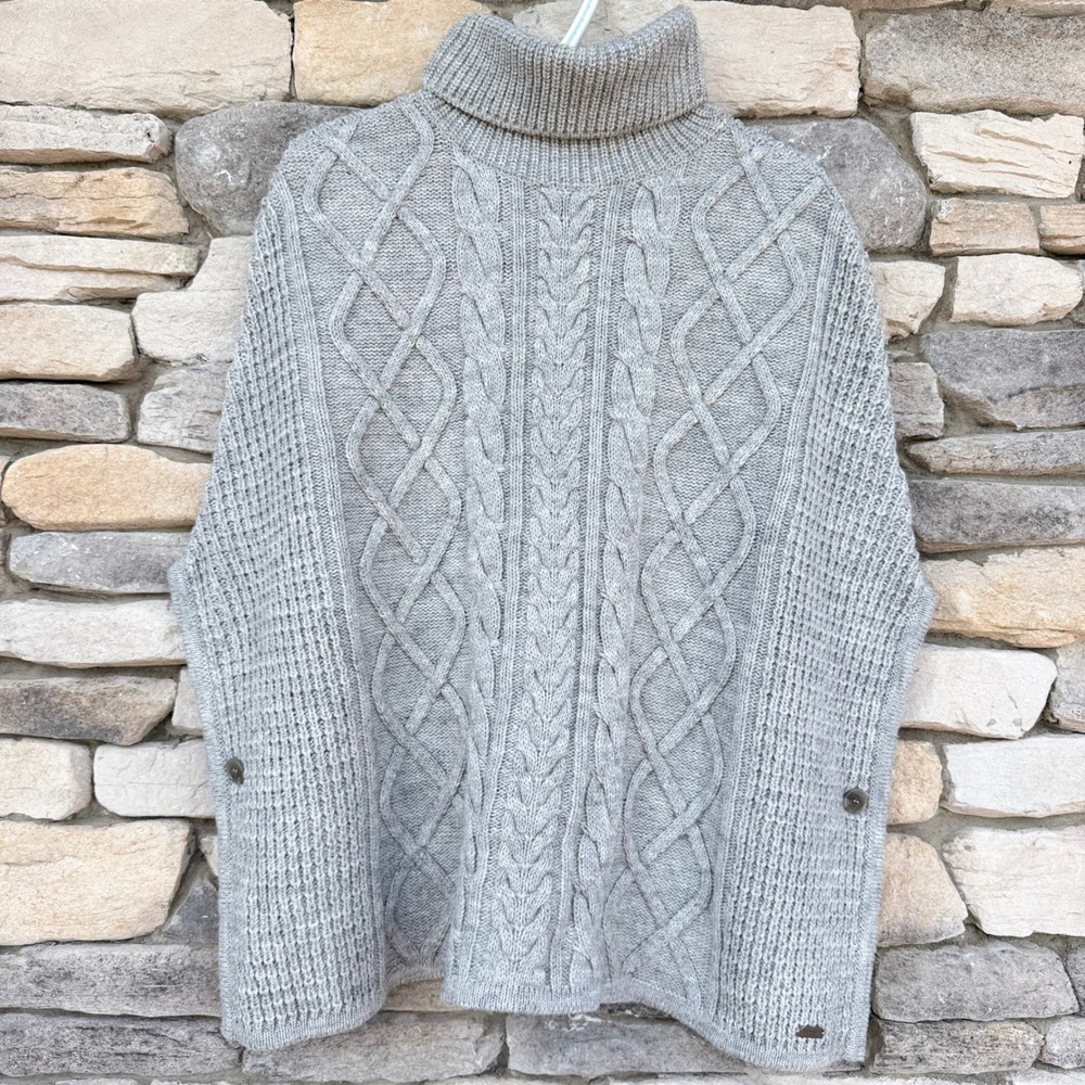 Barbour Court Cape Light Grey Cable Knit Wool Alpaca Poncho Sweater Small